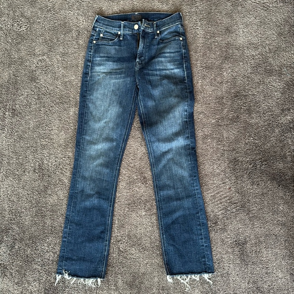 MOTHER denim jeans Mid Rise Dazzler straight leg raw hem dark wash denim